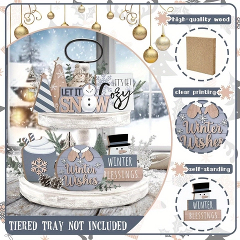 Tiered Tray Decor Set Wooden Winter Snowman Signs Christmas Tabletop Decoration Farmhouse Style Holiday Home Ornaments