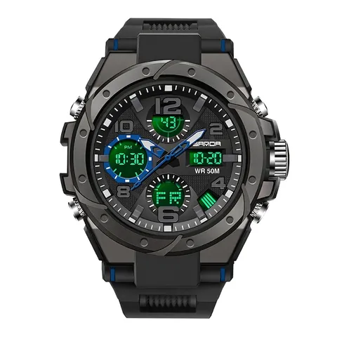 SANDA Men Digital Sports Watch Dual Display Waterproof Resin Case Rubber Strap Tactical Outdoor Wristwatch With Alarm LED Light