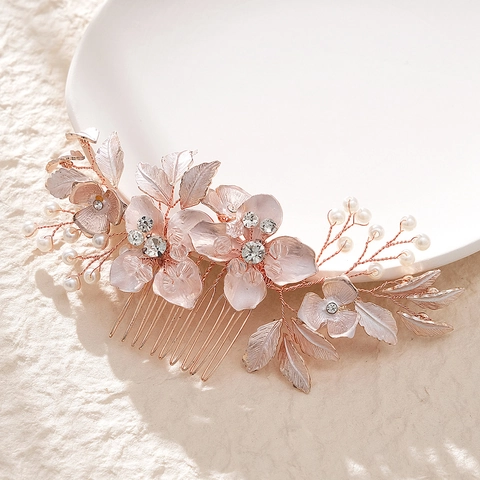 Braut Haarkamm Legierung Floral Blatt Handgemachte Hochzeit Kopfschmuck Kunstperle Strass Elegant Kristall Party Accessoire Damen