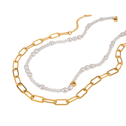 Collar De Doble Capa De Acero Inoxidable Con Perla Artificial De Vidrio Y Colgante De Corazón Cadena De Clip Joyería Para Mujer