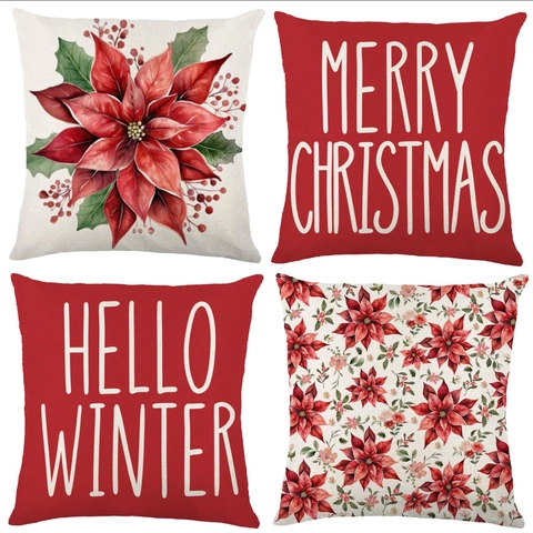 Fundas De Cojines De Navidad Lino Flor De Nochebuena Merry Christmas Decoración De Sofá De Invierno