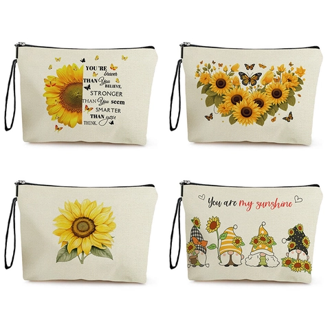Sunflower Makeup Bag Linen Zipper Cosmetic Pouch With Wrist Strap Travel Toiletry Organizer For Women Butterfly Print