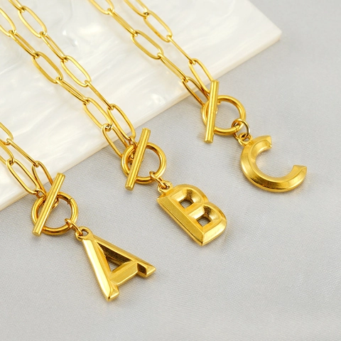 Collar Con Colgante De Letra Inicial Chapado En Oro De 18K Acero Inoxidable Cierre De T-Bar Cadena De Clip Moda Unisex