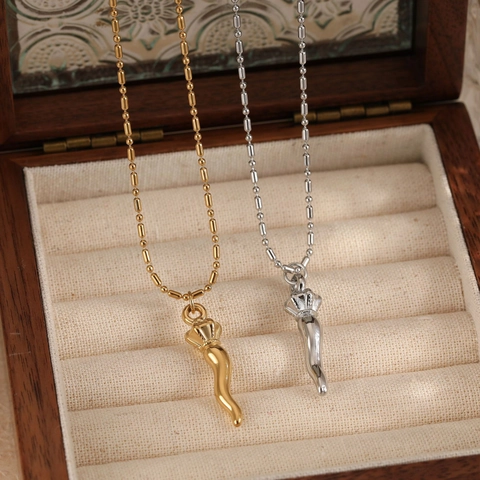Stainless Steel Cornicello Italian Horn Pendant Necklace PVD Gold Plated Adjustable Bead Chain Lucky Charm For Women