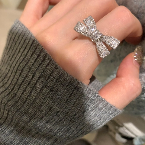 Elegant Bowknot Ring For Women Copper Inlaid Dainty Zircon Silver Color Adjustable Open Index Finger Jewelry Accessory