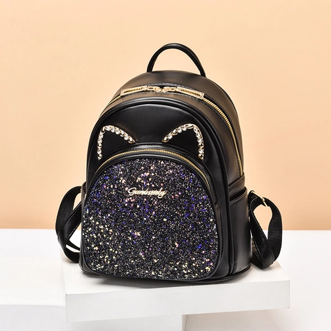 Women Cute Mini Backpack PU Leather Sequin Rhinestone Cat Ear Design Fashion Travel Daypack For Teen Girls
