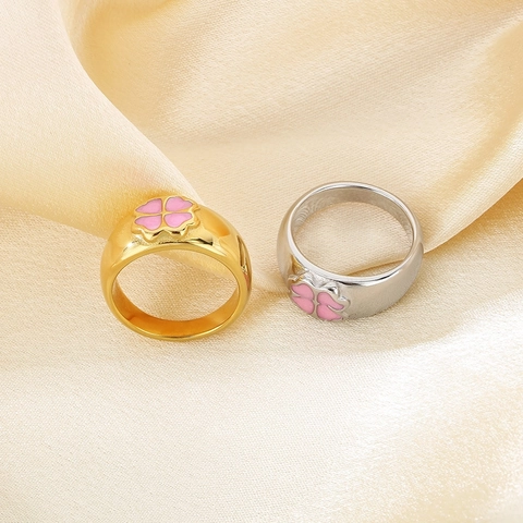Anillo De Acero Inoxidable Con Trébol De Cuatro Hojas Rosa Para Mujer Esmalte Flor De Suerte Banda Chapado En Oro 18K