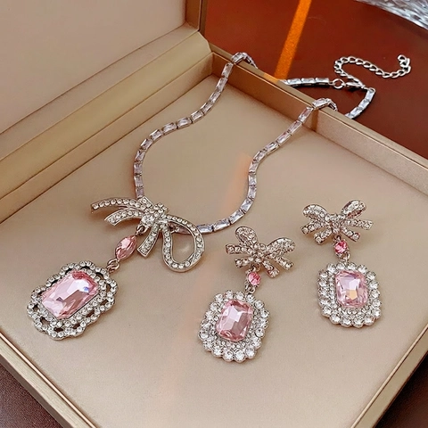 Bowknot Pendant Necklace And Earrings Pink Zircon Crystal Alloy Clavicle Chain Jewelry For Women Elegant Fashion