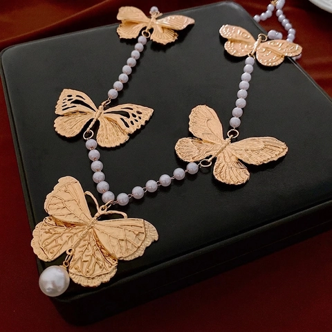 Collana Con Ciondolo A Farfalla Retrò Lega Tono Oro Perla Artificial Di Imitazione Catena Lunga Per Donna Elegante Stile INS