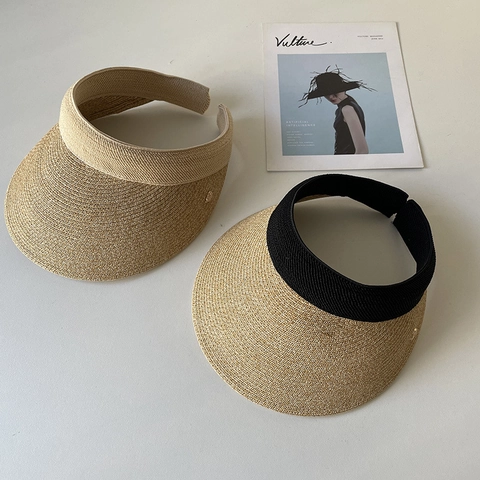 Women Wide Brim Paper Straw Visor Hat Empty Top Sun Protection Adjustable Summer Beach Breathable With Metal Decor