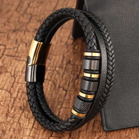 Men Multi-layer Woven Leather Bracelet Stainless Steel Magnetic Clasp Punk Geometric Beads Fashion Jewelry