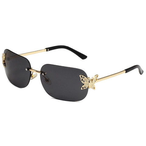 Vintage Rimless Butterfly Sunglasses For Women Rhinestone Metal Frame UV400 Gradient Lens Square Fashion Sunshade Eyewear Street Photography Glasses