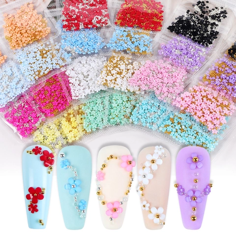 Décorations D'Art D'Ongles Fleur À Cinq Pétales 3D Charme Floral En Résine Avec Perles En Acier Or Argent Pour Manucure DIY