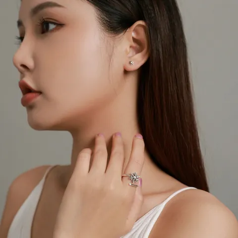 925 Sterling Silver Snowflake Jewelry Set For Women Zirconia Inlaid Stud Earrings Adjustable Open Ring Elegant Winter Gift
