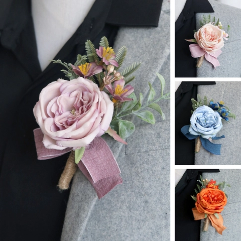 Boutonniere Da Sposa Simulazione Rosa Di Raso Spilla Corda Di Canapa Nastro Sposo Sposa Banchetto Foresta Vintage Fatto A Mano Floreale