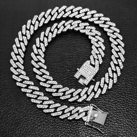Miami Cuban Link Chain Alloy Rhinestone Full Iced Out Hip Hop Rap Style Shiny Necklace Unisex