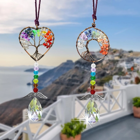 Tree Of Life Crystal Suncatcher Hanging Ornament Seven Chakra Natural Stone Angel Wings Rainbow Maker Window Decor