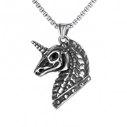 Retro Hip Hop Stainless Steel Chain Alloy Unicorn Skull Pendant Necklace Gothic Punk Jewelry For Men Women Vintage Oxidized Metal Charm Jewelry Gift