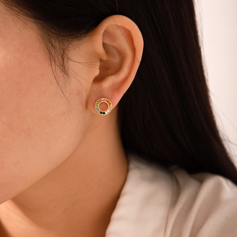 Round Rainbow Rhinestone Stud Earrings Stainless Steel 18K Gold Plated Geometric Elegant Jewelry Gift For Women