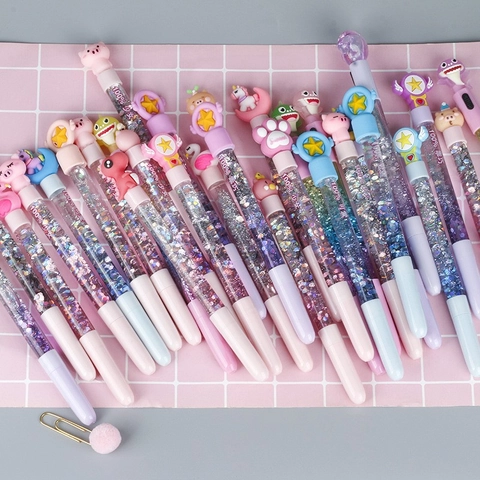 Penne Gel Sabbie Mobili Cartone Animato Glitter Liquido Barile Paillettes Topper Silicone Cancelleria Kawaii Ragazza Scuola