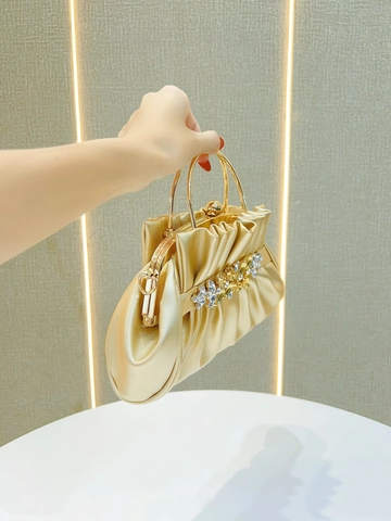 Bolso De Noche Clutch Mujer Strass Flor Plisado Satén Bolso De Mano Mango Anillo Metal Correa Cadena Elegante