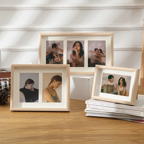 Wooden Collage Photo Frame Multi Aperture Minimalist Nordic Style Desktop Wall Mount Home Decor Picture Holder Walnut