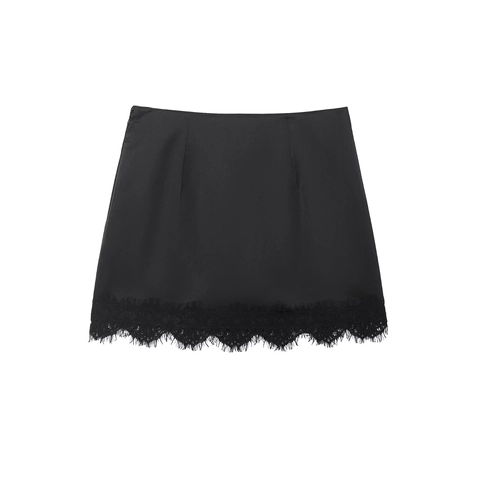 Mini Jupe Femme Noir Tissu Satin Avec Bordure En Dentelle Cils Taille Haute Sexy Style Streetwear