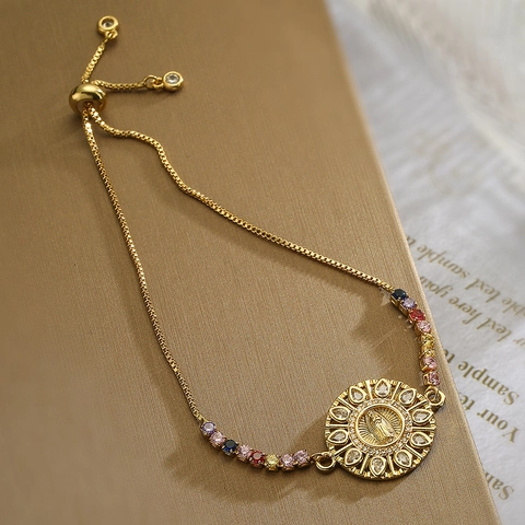 Virgin Mary Medallion Bracelet Copper Real Gold Plated Colorful Zircon Adjustable Slider Vintage Religious Jewelry Women