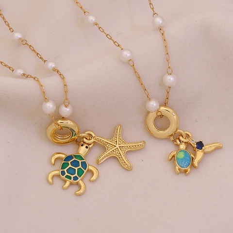 Collana Pendente Tartaruga Marina Stella Di Mar Oceano Acciaio Inossidabile Rame Con Perla Artificial Sintetica Smalto Gioielli Per Donne Estate