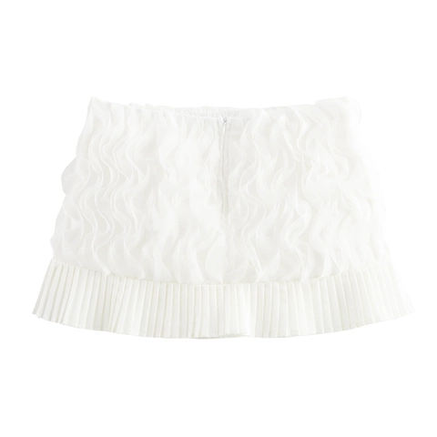 Women Low Waist Mini Skirt White Lace Spliced Layered Ruffle Pleated Hem Sweet Girly Aesthetic Polyester