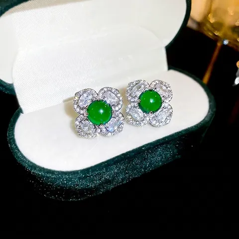 Vintage Emerald Green Flower Stud Earrings Copper With 925 Sterling Silver Earring Post Zircon Jewelry For Women Elegant