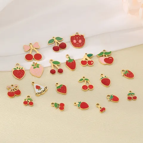Dijes De Frutas Fresa Cereza Colgantes Acero Inoxidable Esmalte Accesorios Para Joyería DIY Chapado En Oro Dulce