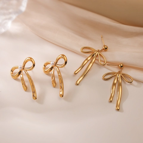 Orecchini A Lobo Con Fiocco Placcati Oro 18K Acciaio Inossidabile Con Perla Artificial Sintetica Gioielli Di Moda Per Donna