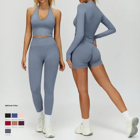 Conjunto De Yoga Sin Costuras Poliamida Elastano Leggings Acanalados Sujetador Espalda Deportiva Chaqueta Mujer