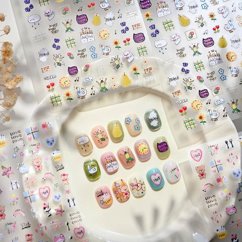 Cartoon Cute Nail Art Stickers Animal Heart Star Pattern DIY Adhesive Manicure Decals For Women Kids Nail Decoration