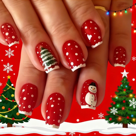 Christmas Press On Nails Red Snowman Christmas Tree Polka Dot ABS False Nails For Women Festive Holiday