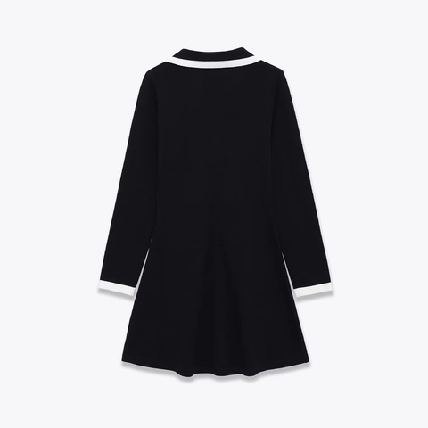 Robe Mini en Tricot Élégante pour Femmes Manches Longues Col en V à Revers Color-block Robe Trapèze Avec Boutons Dorés Casual Bureau
