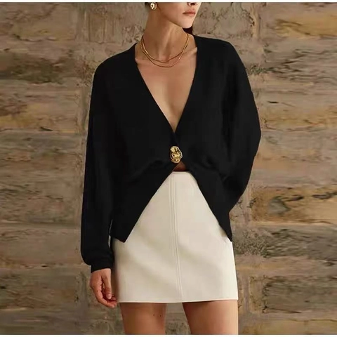 Cárdigan De Punto Para Mujer Con Cuello En V Manga Larga Color Sólido Chic Botón De Metal Dorado Elegante Top