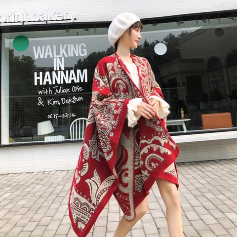 Damen Ethnisch Paisley Muster Schal Warm Imitation Kaschmir Winter Groß Kap Decke Poncho Für Reisen Zubehör