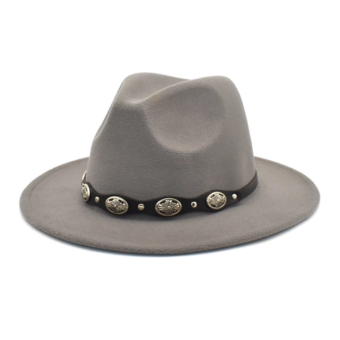 Wide Brim Fedora Hat Vintage Wool Felt Jazz Cap With Decorative Metal Concho Belt For Men Women