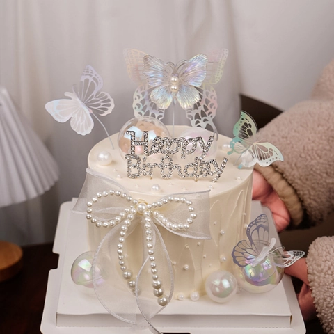 Décoration Gâteau Joyeux Anniversaire Alliage Strass Chiffre Couronne Papillon Holographique Élégant Fête