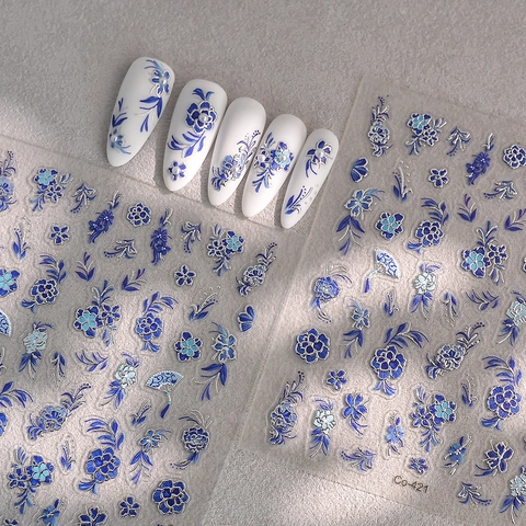 Autocollants Nail Art Relief 5D Design Fleur Éventail Porcelaine Bleue Blanche Chinoise Auto-Adhésif Décor Manucure Femmes