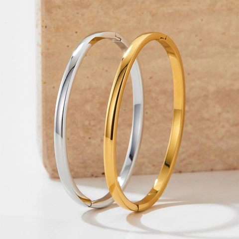 Brazalete Ovalado Minimalista de Acero Inoxidable Chapado en Oro Plata Pulido Liso Geométrico para Mujer Joyería