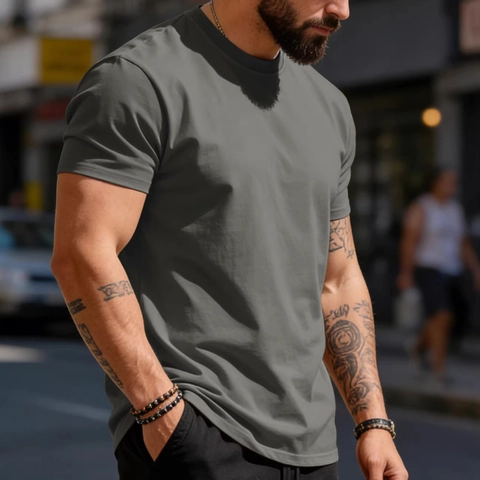 Mens T-Shirt 100% Cotton Solid Color Round Neck Casual Slim Fit Short Sleeve Summer Top