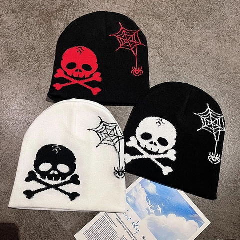 Skull Spiderweb Knitted Beanie Hat Punk Gothic Streetwear Halloween Jacquard Winter Warm Acrylic Cap For Men Women