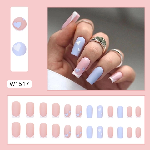 French Style Press-On Nails Blue White Heart Pattern Matte Texture Square Shape Sweet DIY Manicure For Women