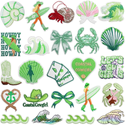 Embroidery Patches Green Coastal Cowgirl Sea Shell Surfboard Ocean Wave Cowboy Hat Boots Iron On For Clothing Bag Decor
