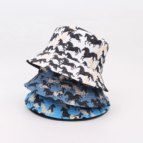 Bucket Hat Polyester Reversible Full Horse Print Sun Protection Outdoor Summer Trendy Basin Cap For Women Travel