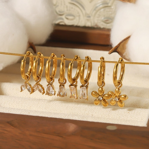 Vintage Franse Stijl Hoop Drop Oorbellen 18K Verguld Roestvrij Staal Met Cubic Zirconia Geometrische Hangers Voor Dames