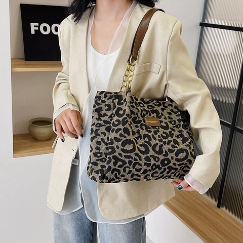 Leopard Muster Tote Bag Leinwand Große Kapazität Mit PU Lederriemen Und Metallkette Mode Umhängetasche Damen